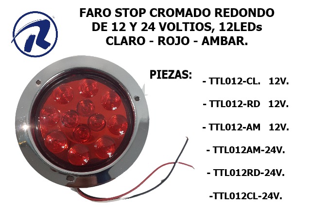 faro stop cromado 12led redondo 14cms 12v y 24v